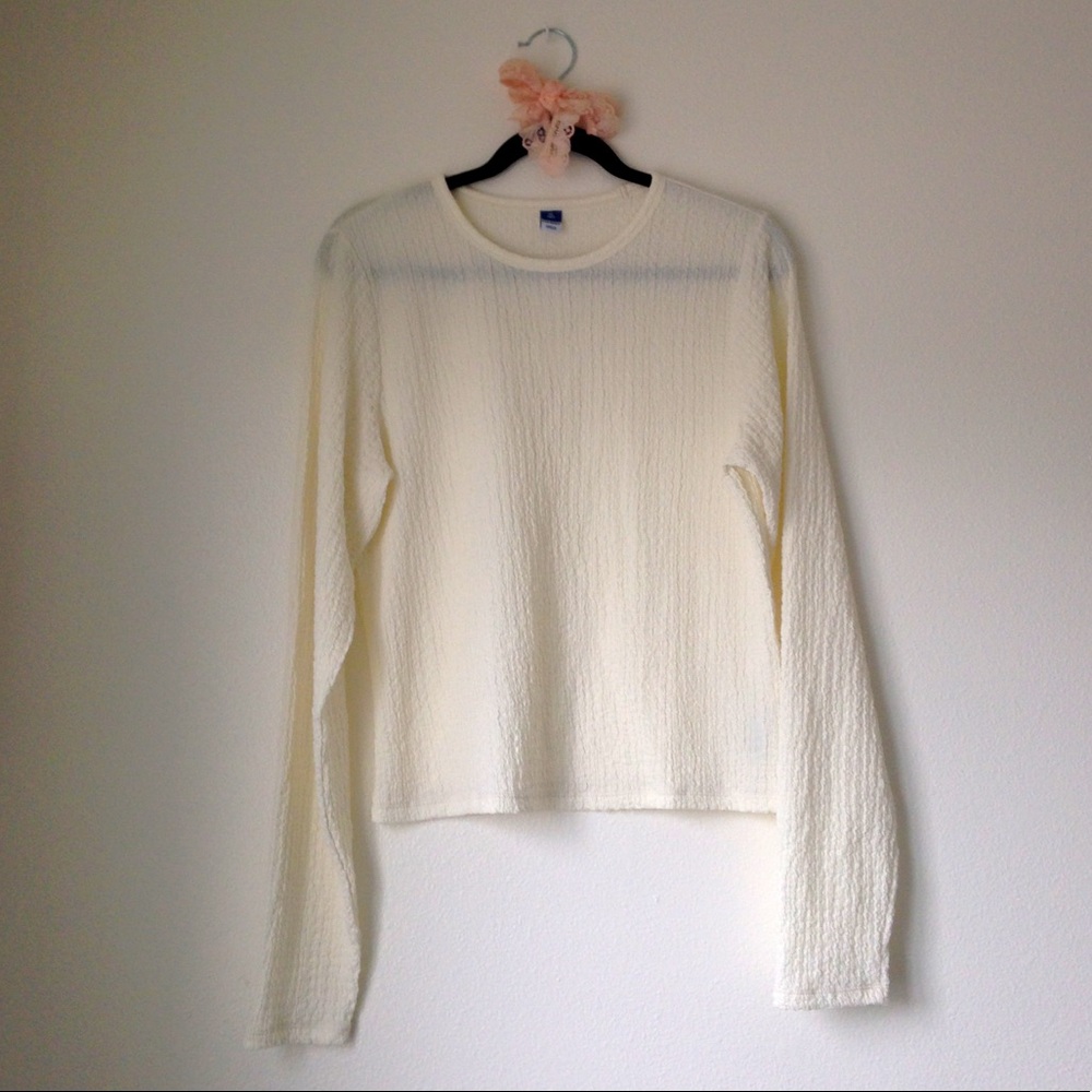 Old Navy Cream Sheer Crinkle Texture Scoopneck Long Sleeve Shirt